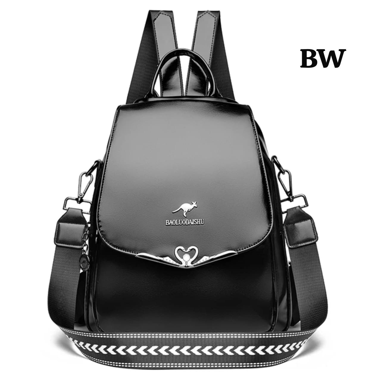 The glossy black 3-in-1 convertible backpack shown with its detachable woven strap.