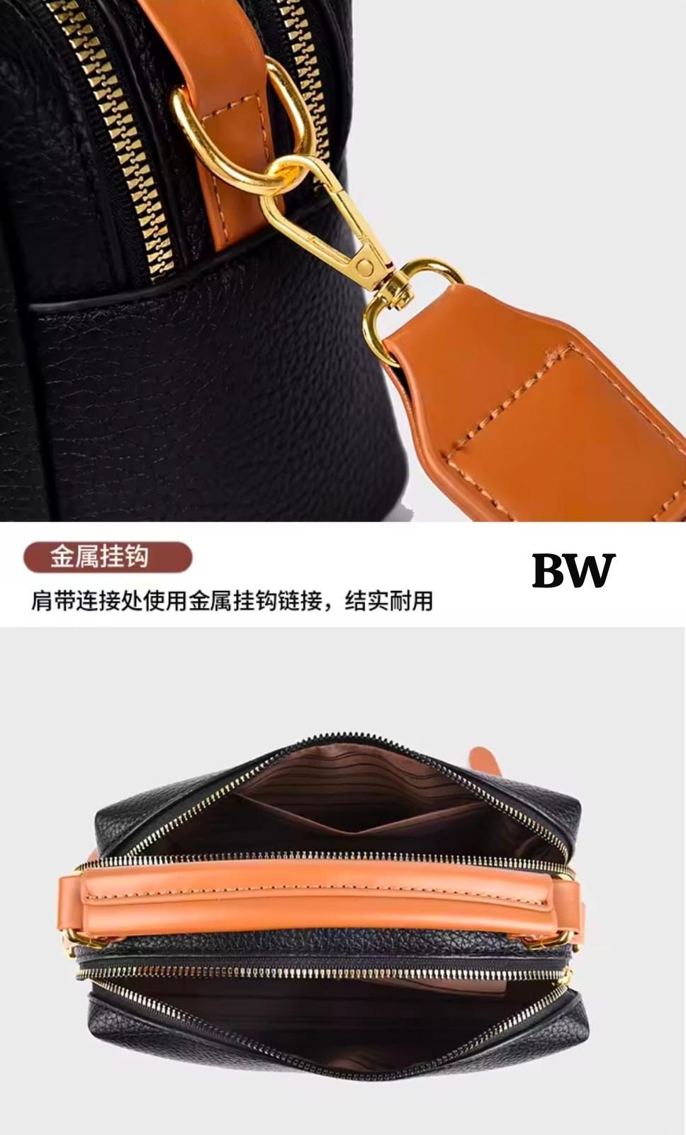 An open top-down view showing the two separate main zipper compartments of the handbag.