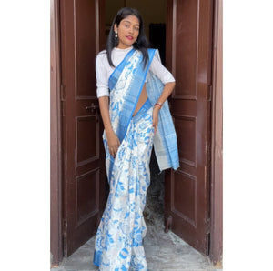 Blue and White Printed Saree | Blue Printed Silk Saree