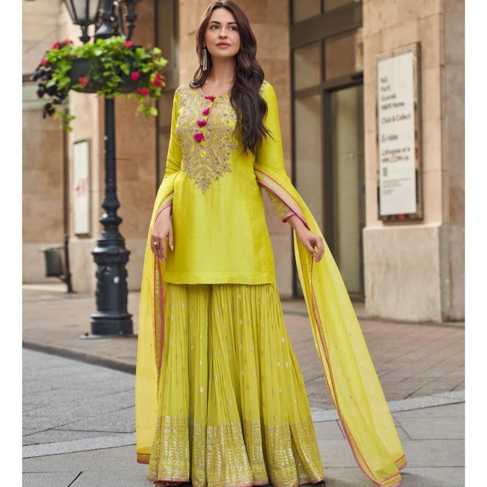 Fox Georgette Palazzo Suits with Sequence Embroidery Chinese Green