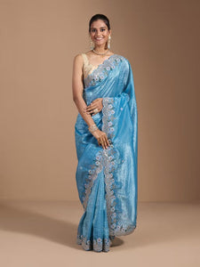 Ocean blue Wedding Gold Crush Saree | TRENDBUY