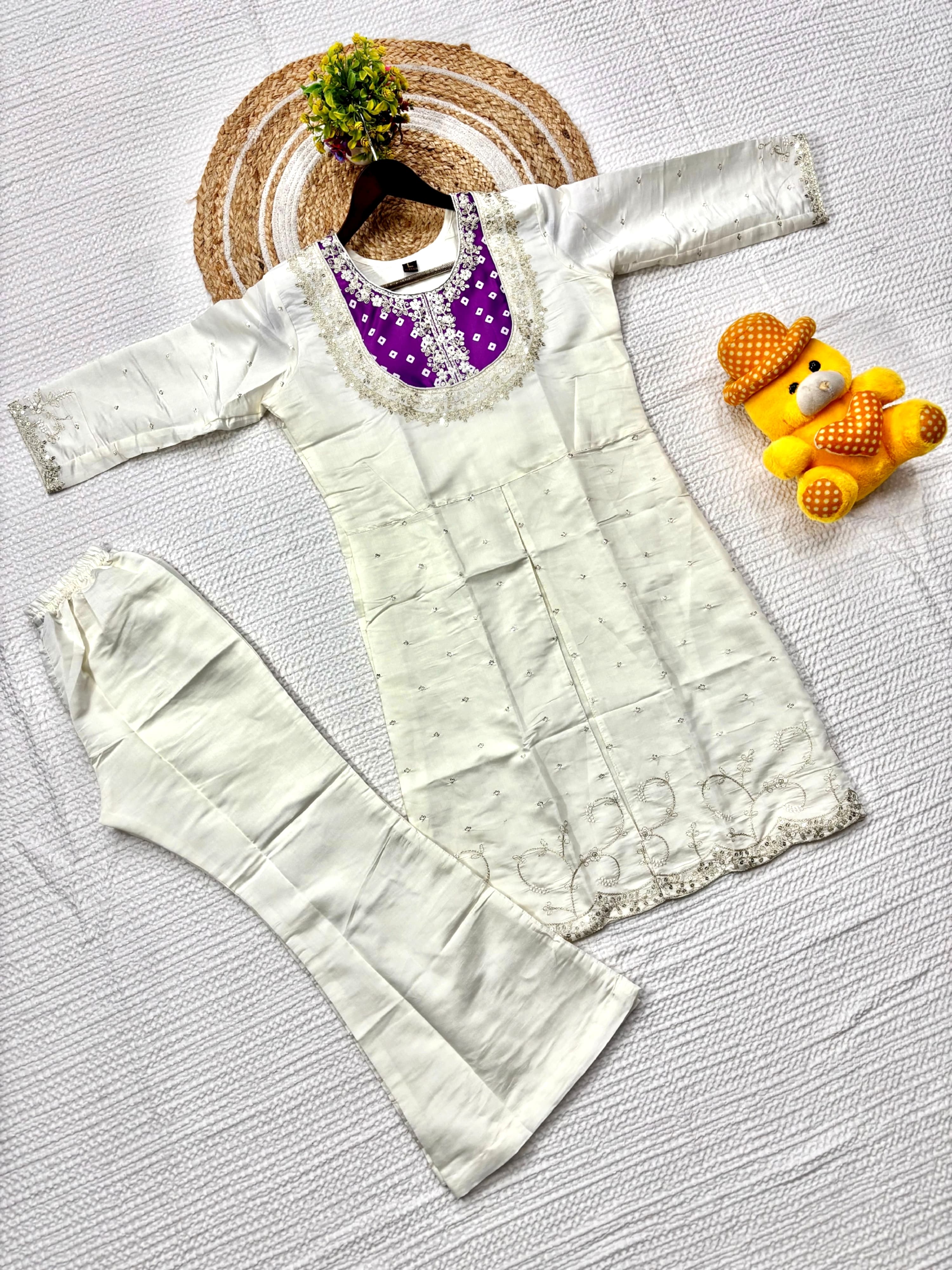 Full flat lay view of the TRENDBUY K501 Roman Silk Palazzo Kurta Set, featuring the purple embroidered kurta and palazzo.