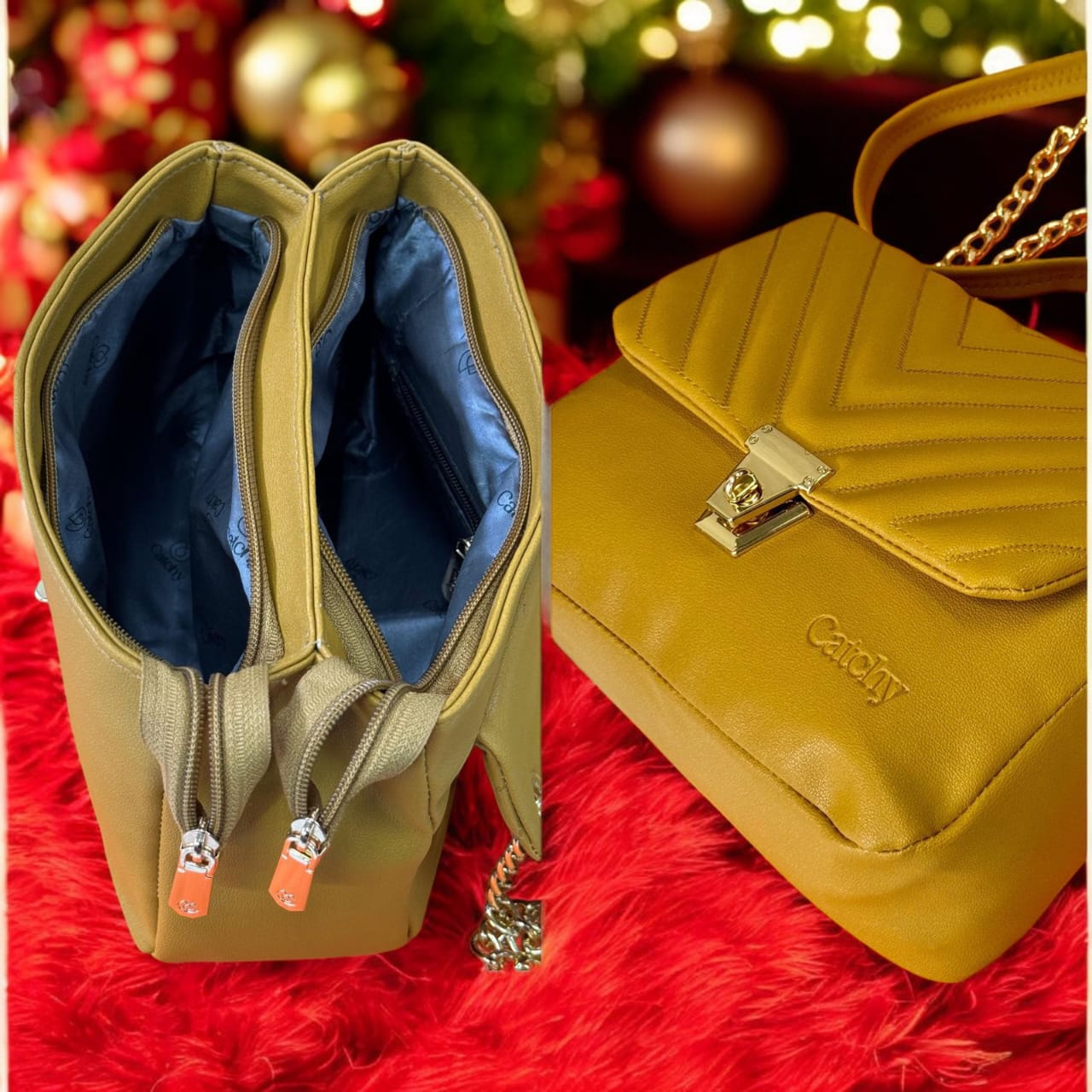 Open view of the TRENDBUY Catchy Mustard Yellow Crossbody Sling Bag revealing two spacious zippered compartments, alongside a stylish exterior with chain detail.