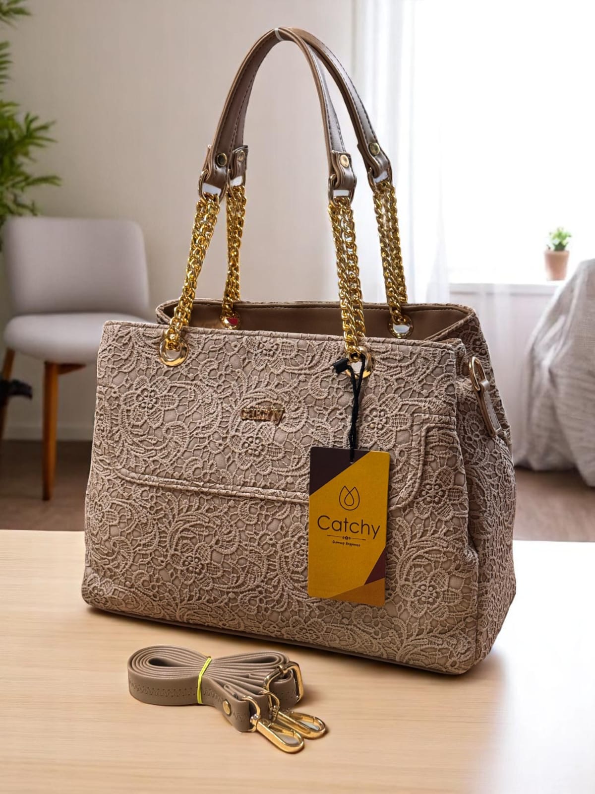 TRENDBUY Taupe brown lace pattern handbag with elegant gold chain details and a detachable strap, perfect for versatile styling.