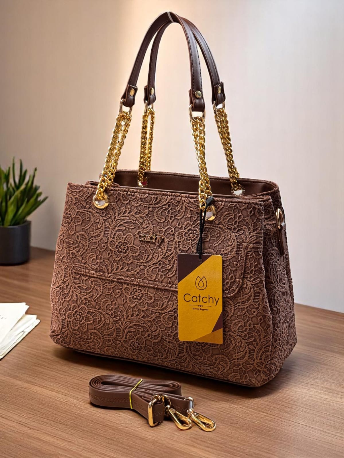 TRENDBUY Warm Brown lace pattern handbag, designed with a sophisticated texture and versatile carrying options.