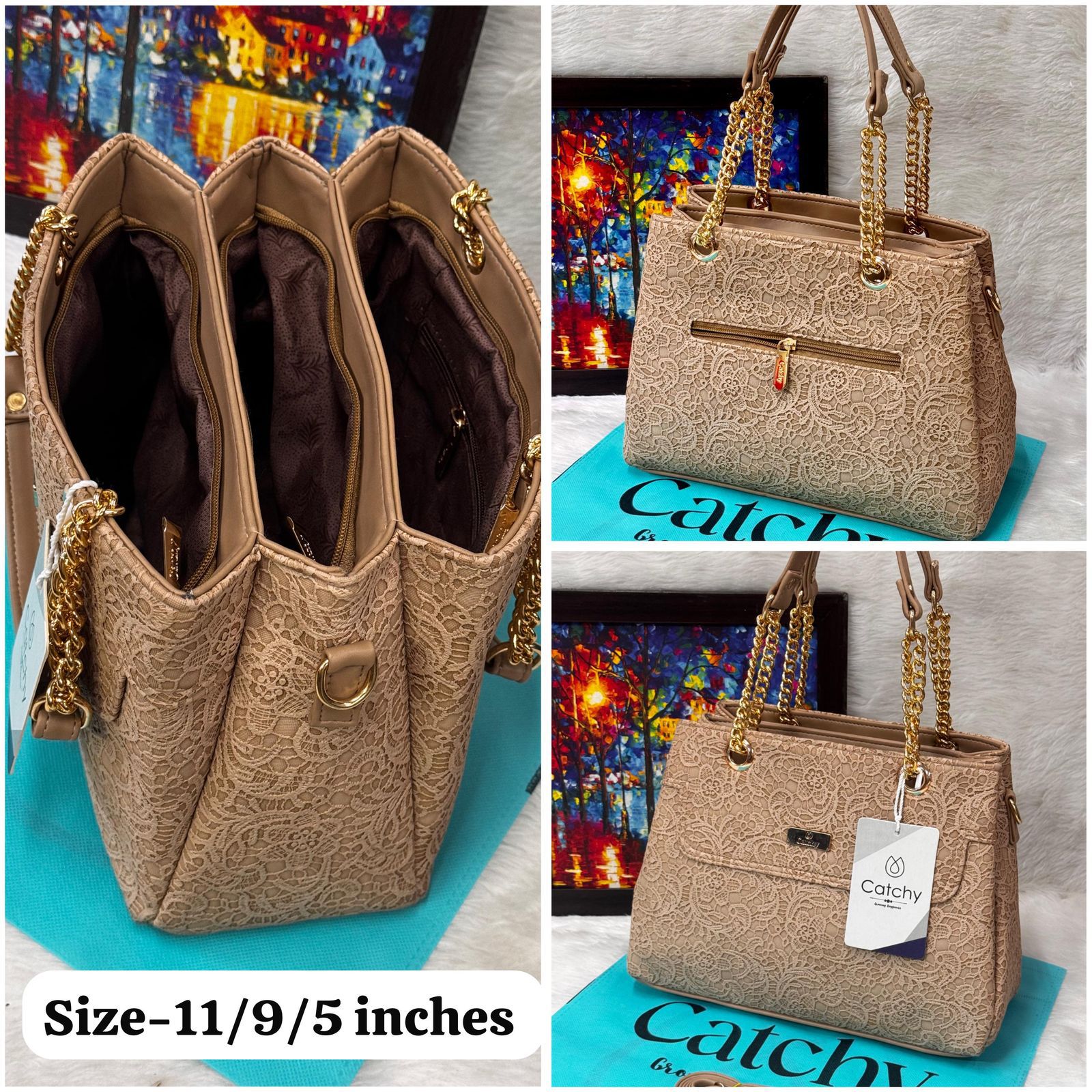 Collage image of a TRENDBUY beige lace pattern handbag, showing its three main compartments, a back zipper, and a front view with dimensions L:11/ H:9/ W:5 inches.