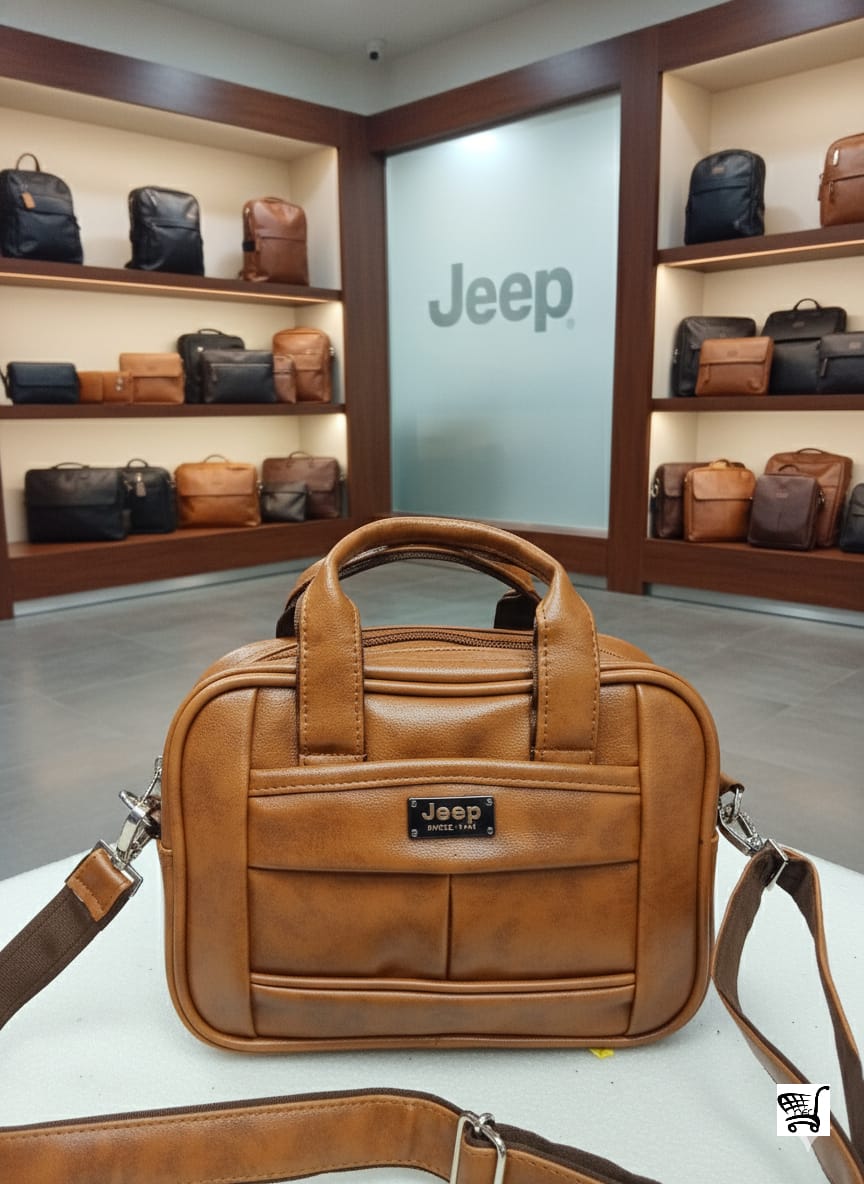 JEEP Buluo tan brown leather-look messenger bag on display in a modern store setting.