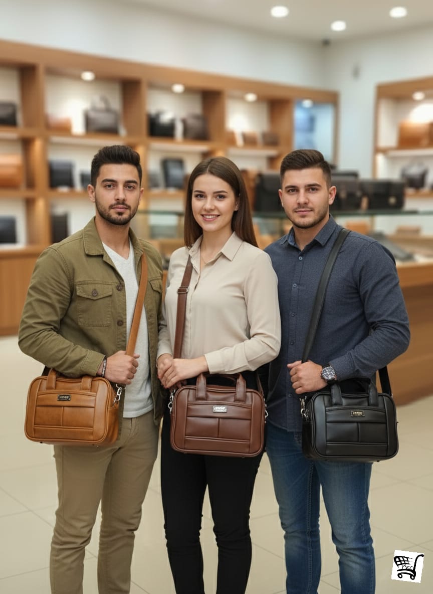 Two men and one woman showcasing JEEP Buluo messenger bags in tan brown, dark brown, and black, in a store.