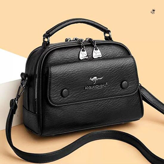 AOGUANDAISHU premium black leatherette crossbody and handy bag with top handle, front flap pocket, and double zippers.