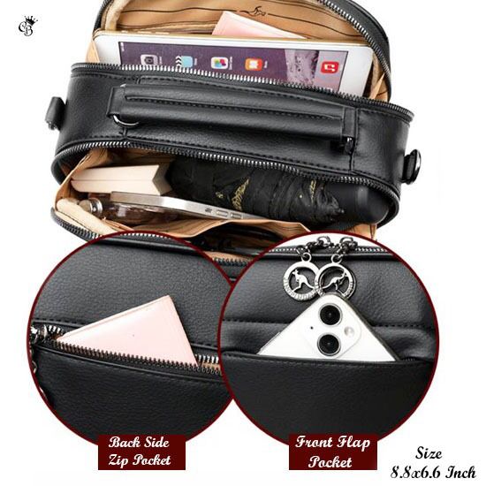 Detailed interior and exterior pocket view of the AOGUANDAISHU black bag, showing spacious main compartments, a front flap pocket, and a back zip pocket with size reference.