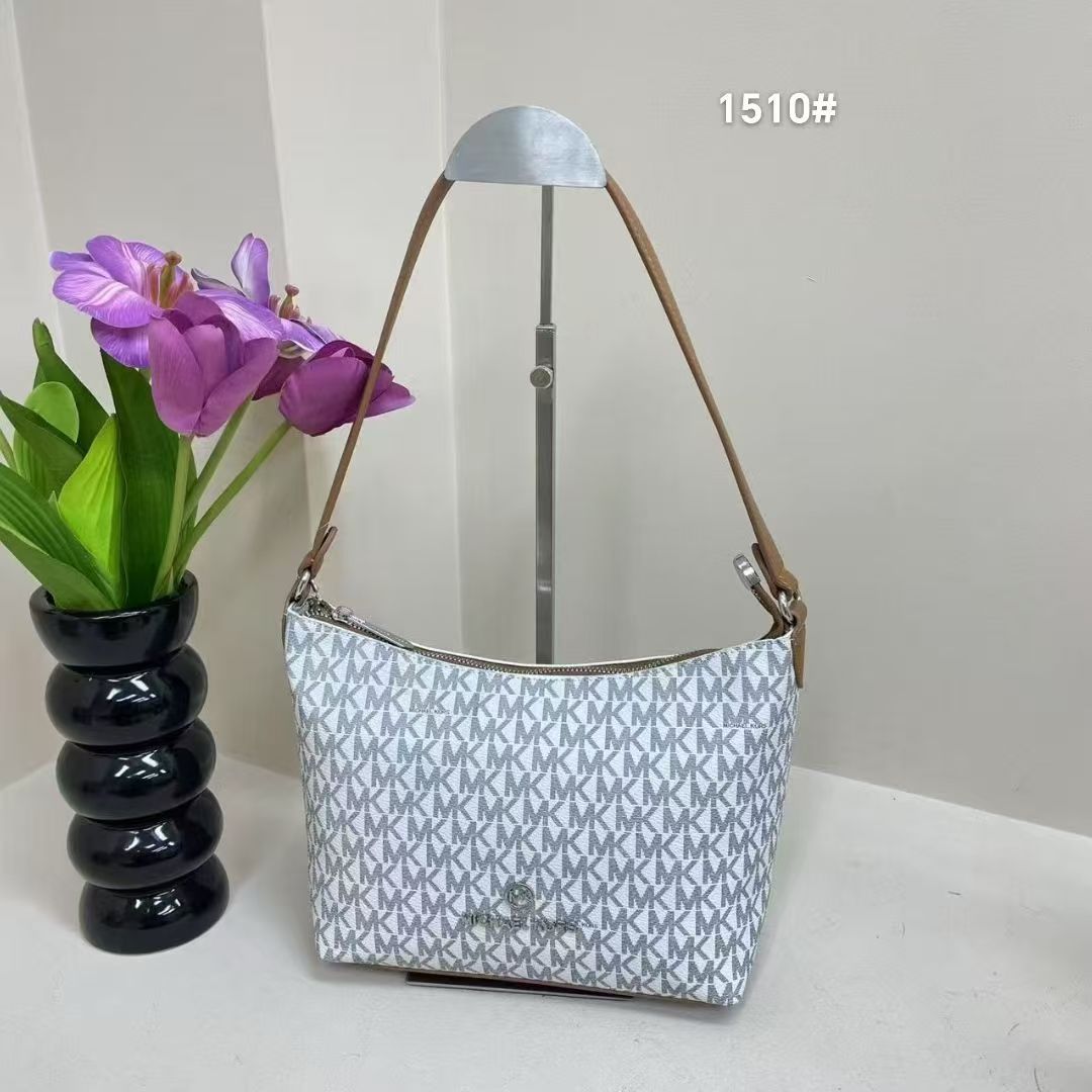 TRENDBUY Michael Kors MK monogram shoulder bag in white and grey, front view with elegant floral decor.
