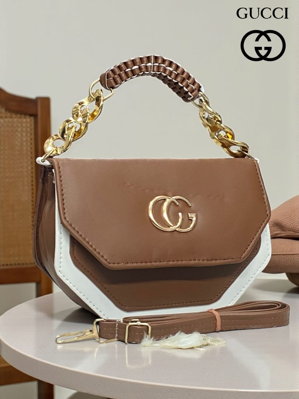 TRENDBUY Hexagonal Crossbody Bag in Brown with Double Gold Chain and Braided Handle