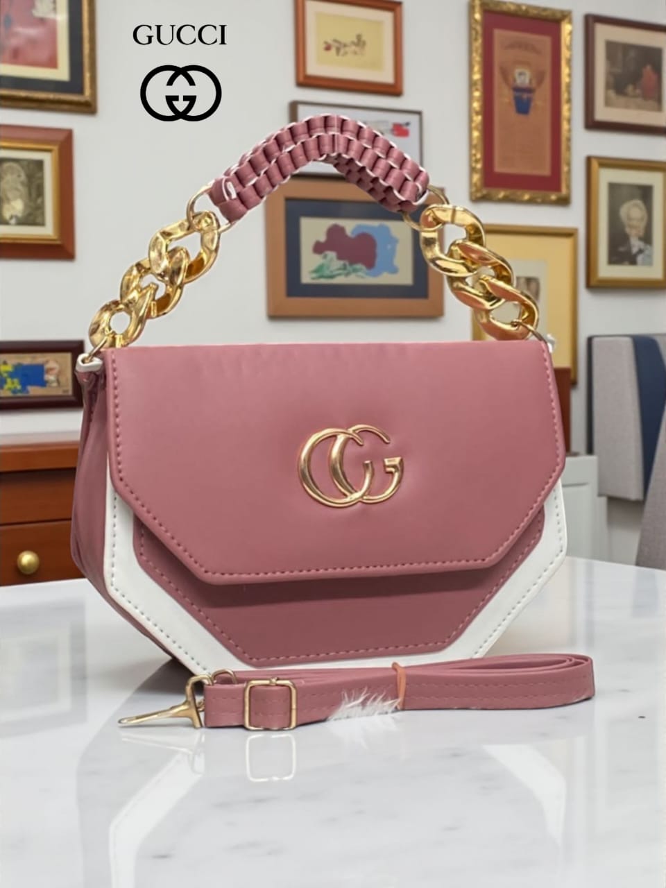 TRENDBUY Hexagonal Crossbody Bag in Dusty Pink with Double Gold Chain and Braided Handle