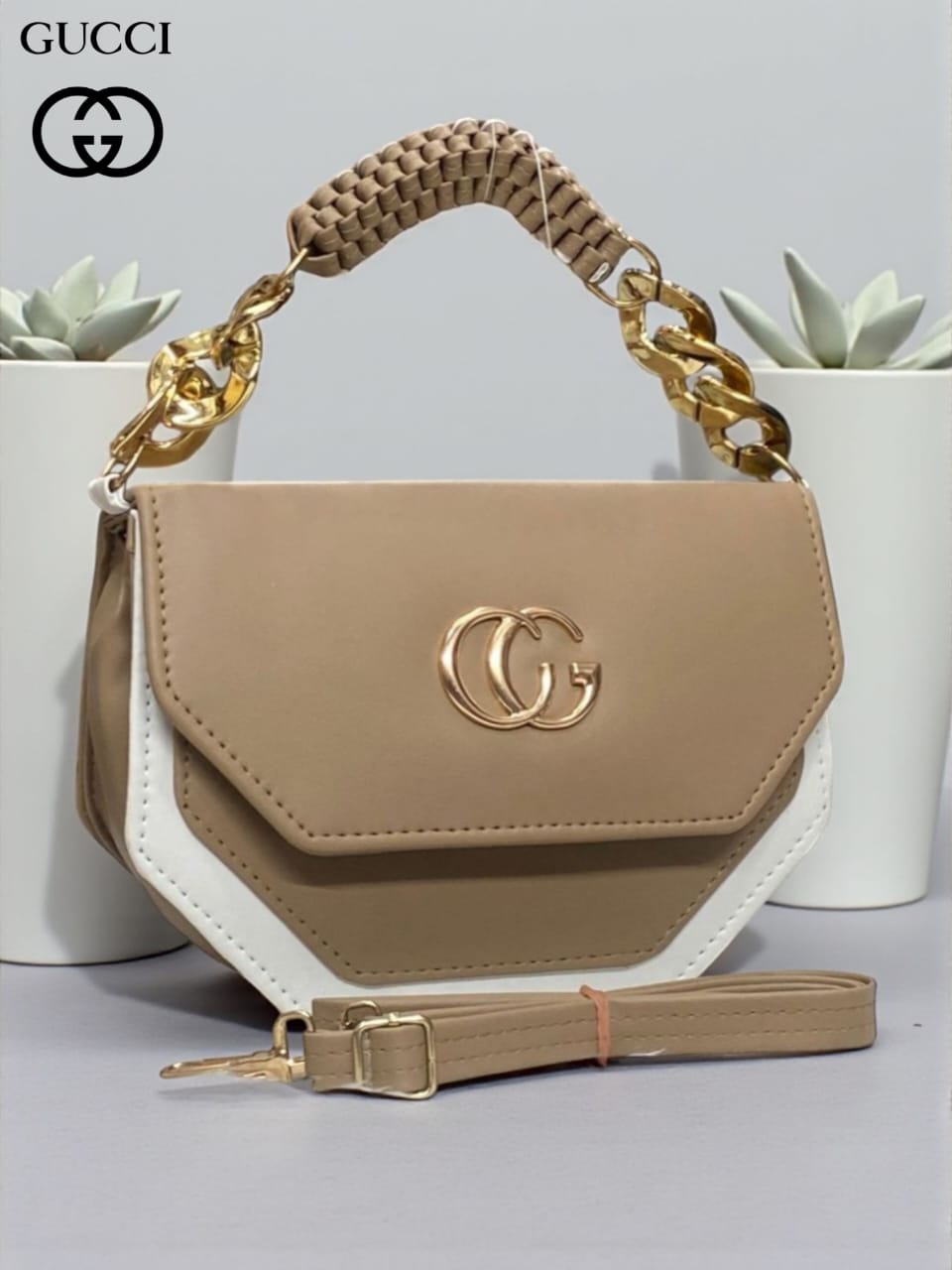TRENDBUY Hexagonal Crossbody Bag in Beige with Double Gold Chain and Braided Handle