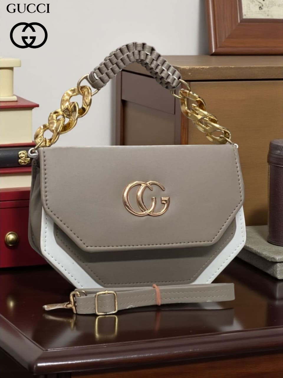 TRENDBUY Hexagonal Crossbody Bag in Light Grey with Double Gold Chain and Braided Handle