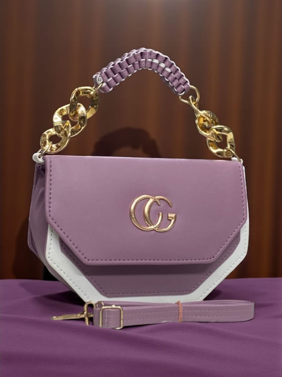 TRENDBUY Hexagonal Crossbody Bag in Lavender with Double Gold Chain and Braided Handle