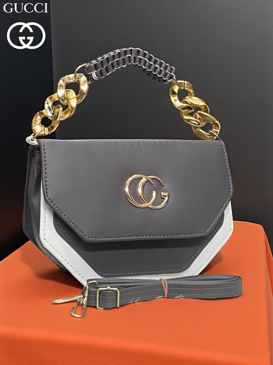 TRENDBUY Hexagonal Crossbody Bag in Charcoal Grey with Double Gold Chain and Braided Handle
