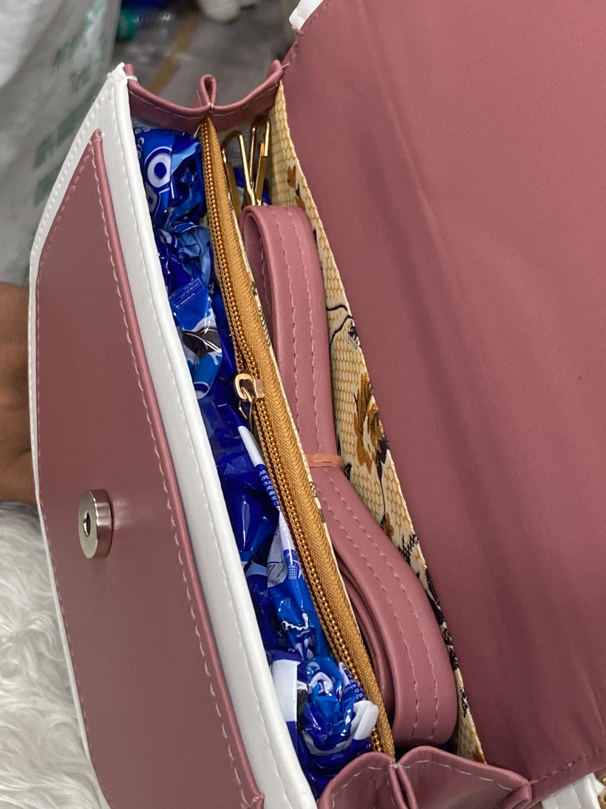 Interior view of TRENDBUY Hexagonal Crossbody Bag in Pink showing zipper pocket and spacious lining