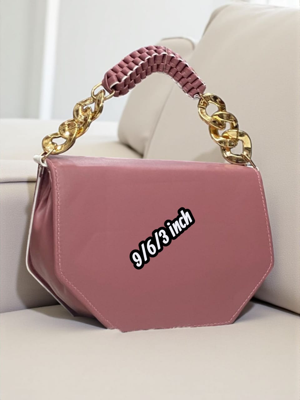 TRENDBUY Hexagonal Crossbody Bag in Dusty Pink displaying dimensions 9x6x3 inches