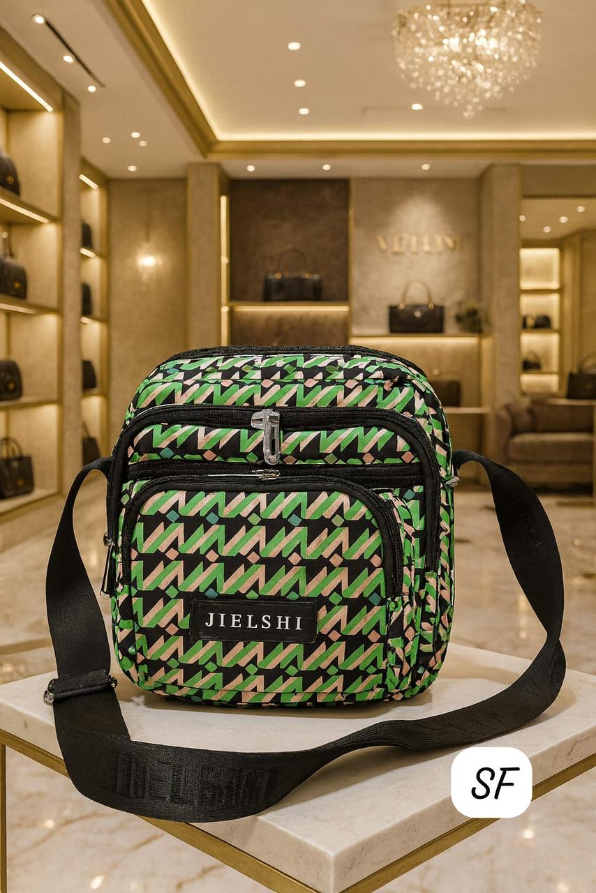 TRENDBUY Jielshi multi-compartment sling bag in a striking green geometric pattern, perfect for a bold statement.
