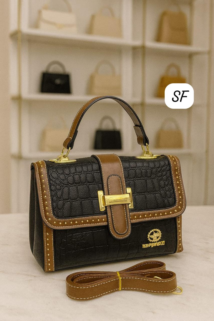 TRENDBUY black croc-embossed sling bag with gold hardware and top handle