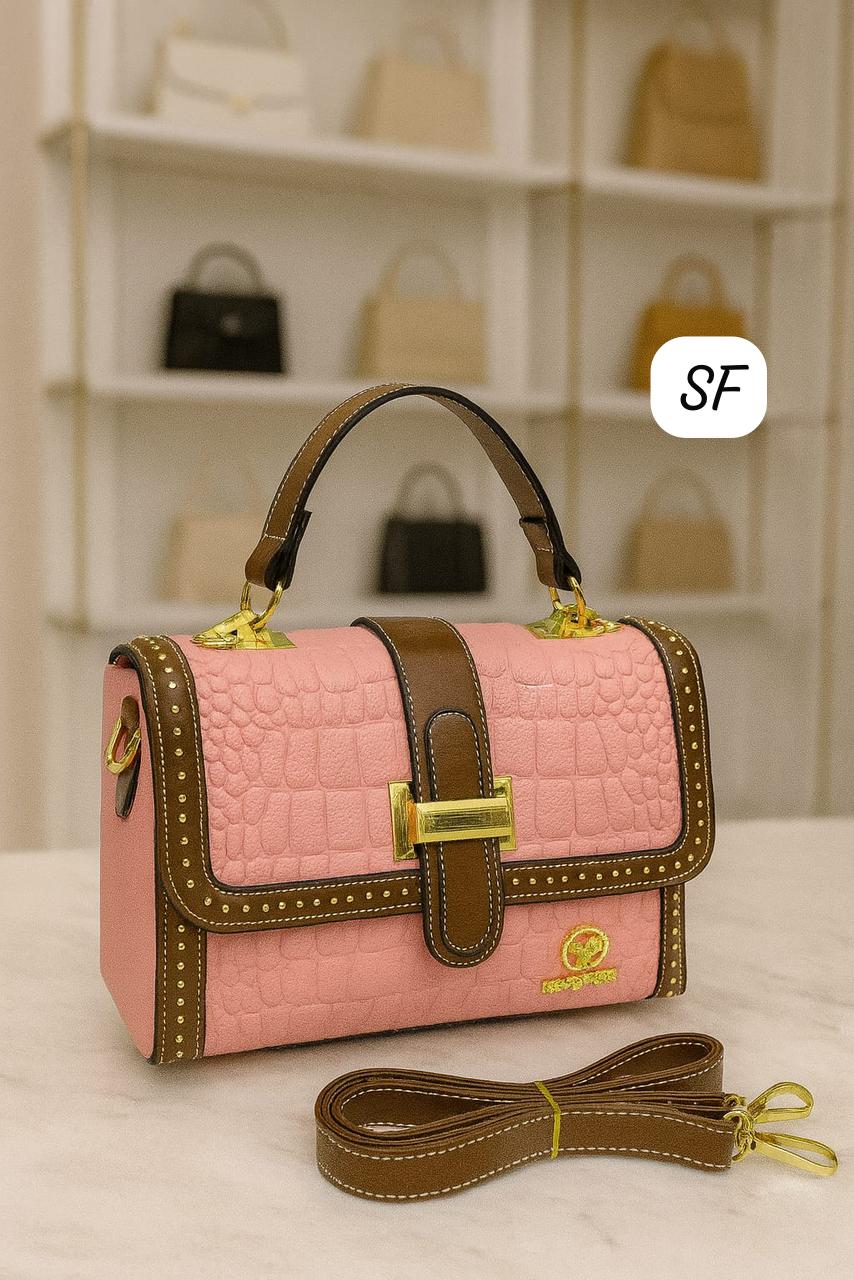 TRENDBUY pink croc-embossed sling bag with gold hardware and top handle