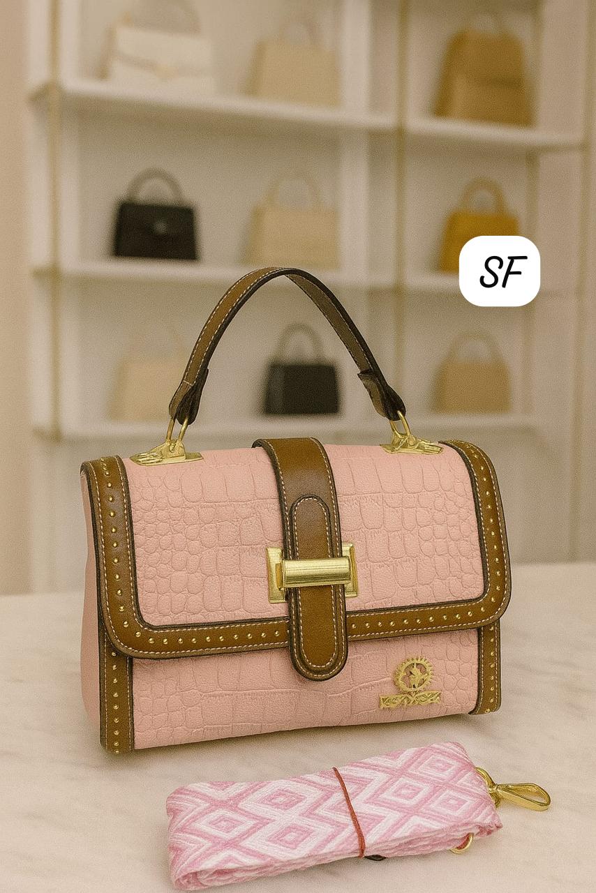 TRENDBUY pink croc-embossed sling bag with elegant patterned shoulder strap