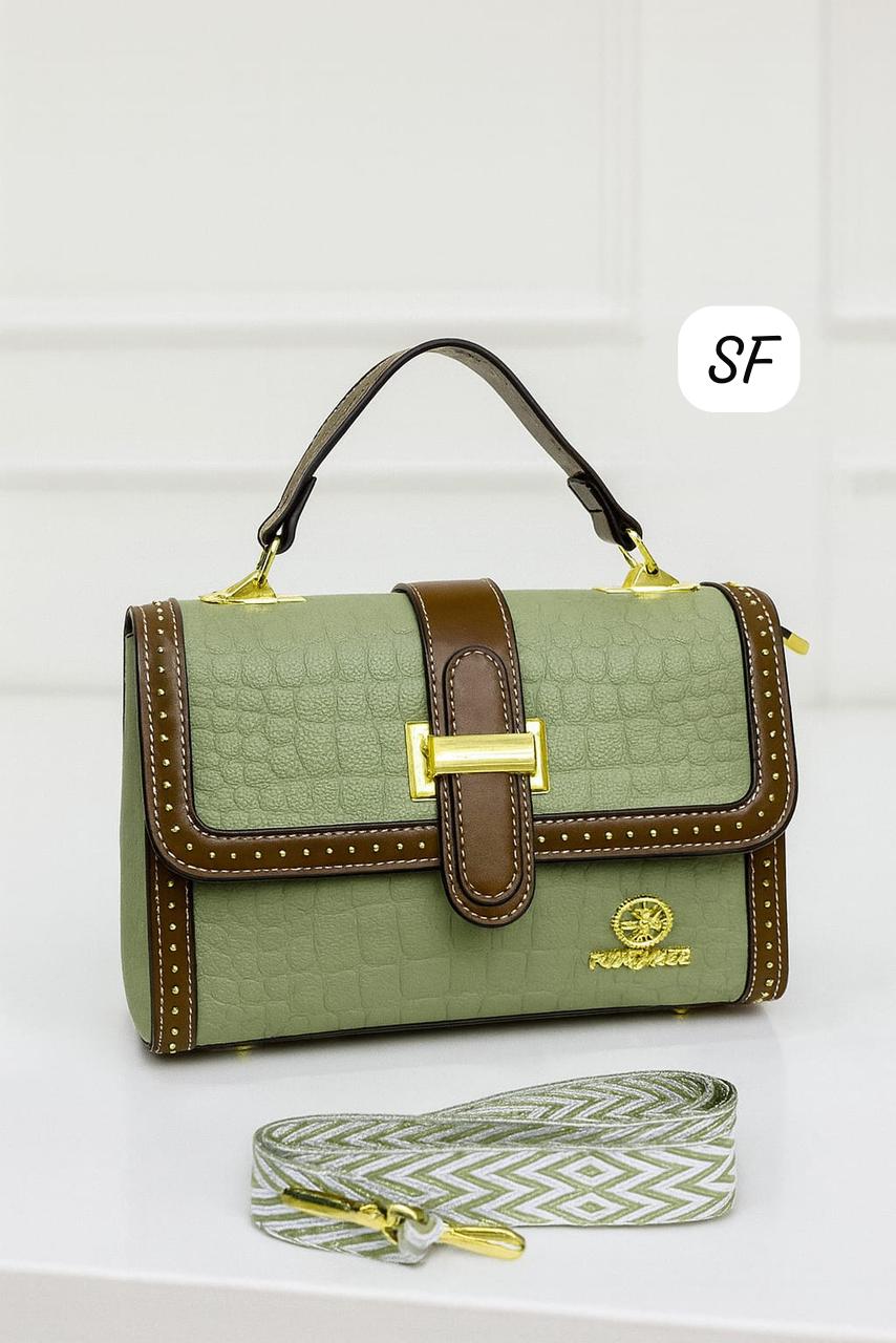 TRENDBUY sage green croc-embossed sling bag with gold hardware and patterned strap