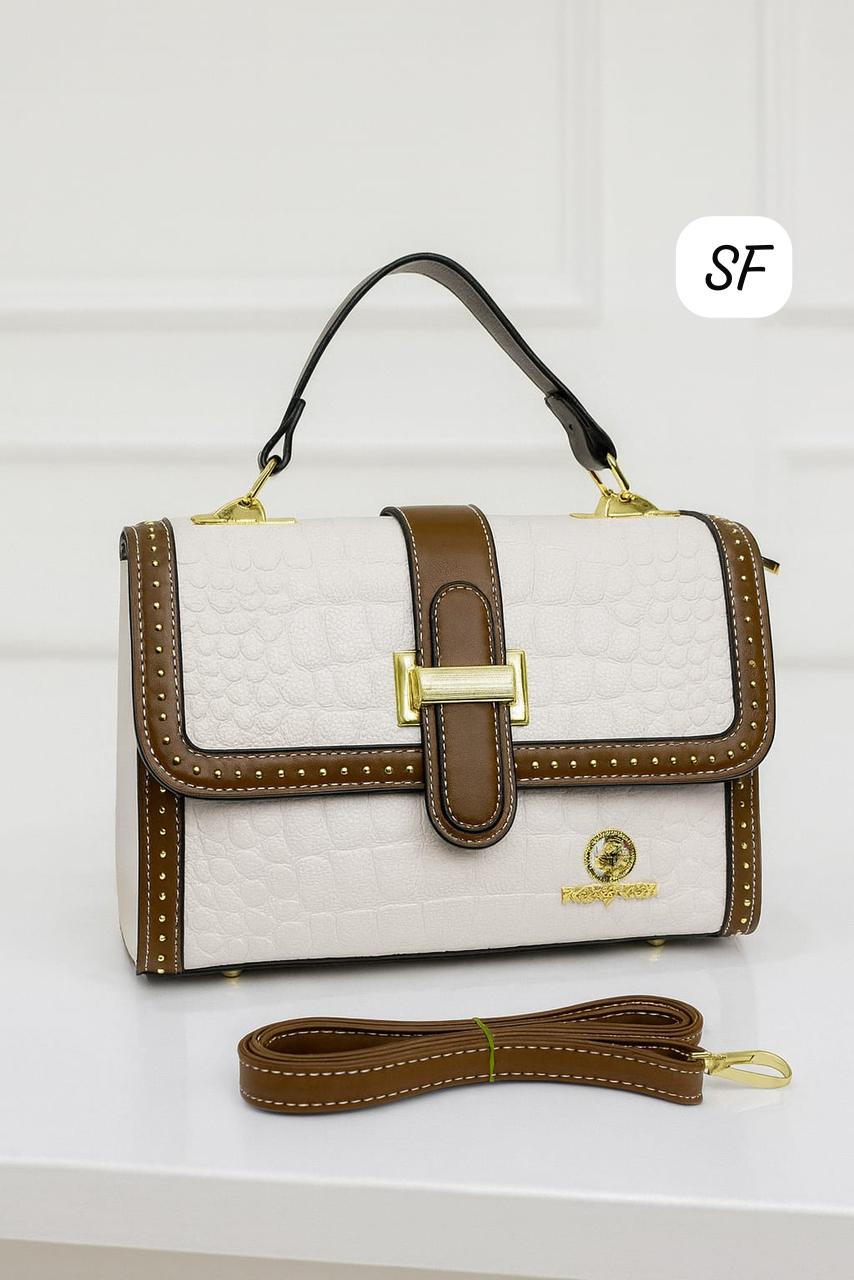 TRENDBUY white croc-embossed sling bag with contrasting brown trim and gold buckle
