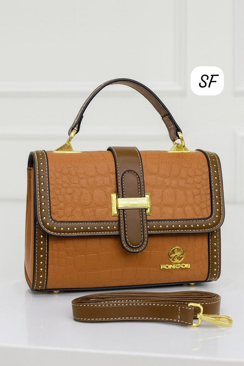 TRENDBUY brown croc-embossed sling bag with classic design and gold accents