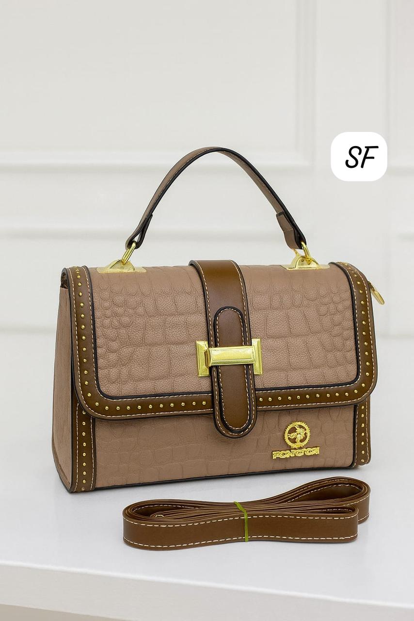 TRENDBUY taupe croc-embossed sling bag with brown trim and matching strap
