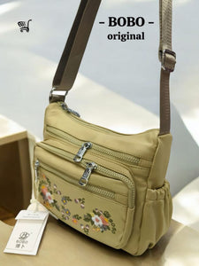 TRENDBUY BOBO Original Floral Embroidered Nylon Crossbody Messenger Bag for Women - Multi-Pocket Travel Shoulder Handbag