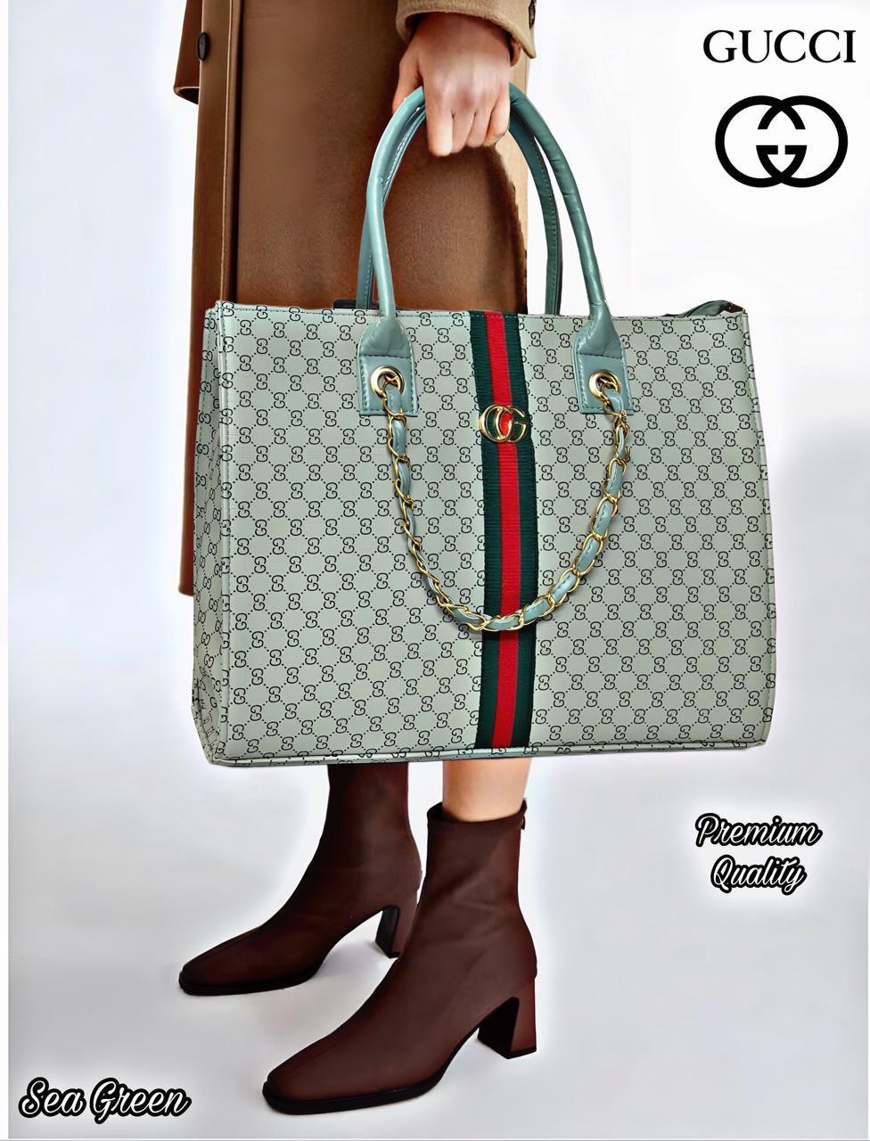 TRENDBUY GUCCI inspired oversized tote bag in Sea Green color, styled on a model.