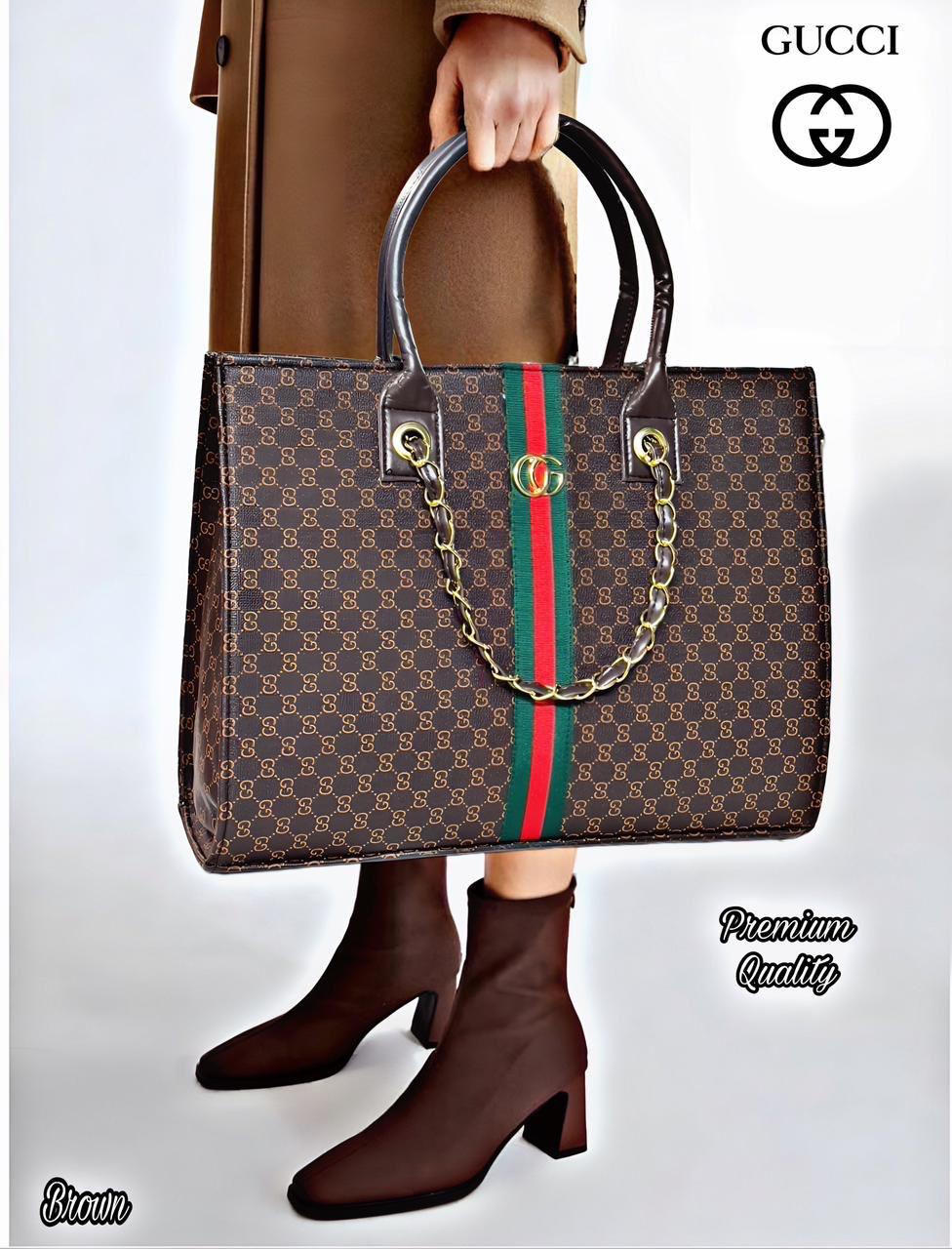 TRENDBUY GUCCI inspired oversized tote bag in rich Brown, showcasing its large size.