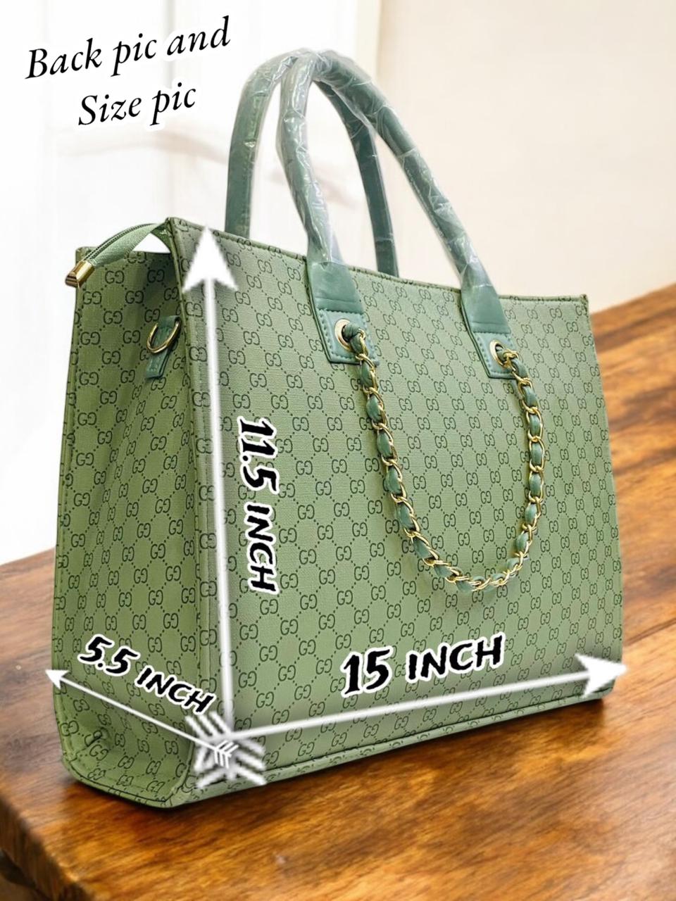 Back view of TRENDBUY GUCCI inspired tote bag in Sea Green, displaying dimensions (15x12x5.5 inches).