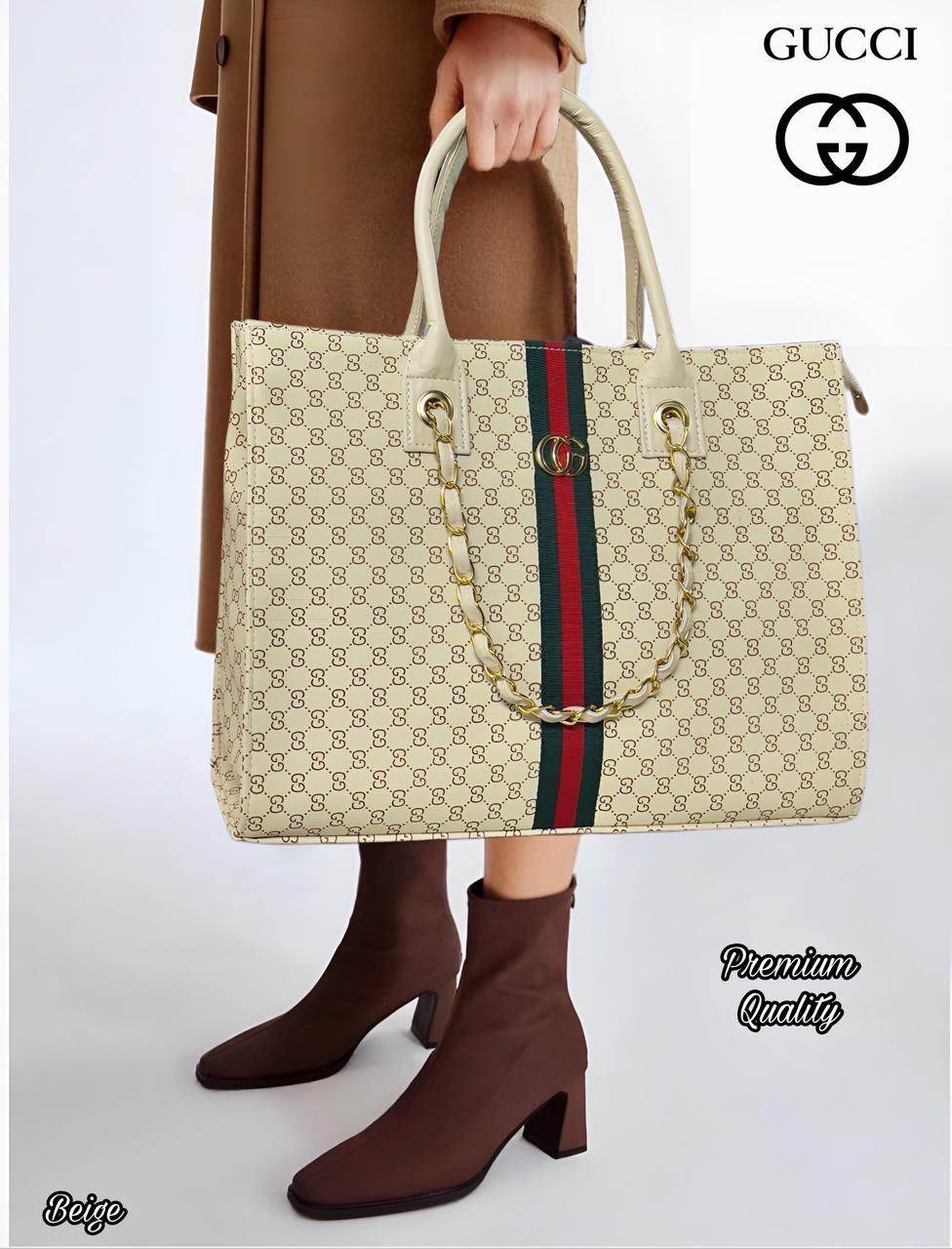 TRENDBUY GUCCI inspired oversized tote bag in elegant Beige, held by a model.