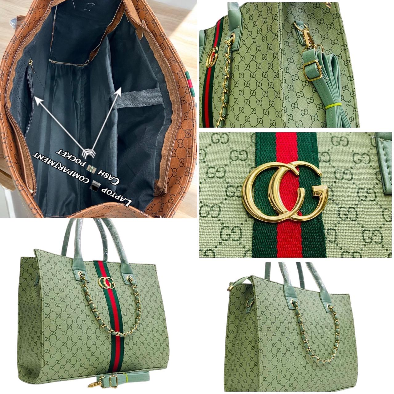 Collage showing interior laptop compartment, cash pocket, detachable strap, and close-up of the G-logo on TRENDBUY Sea Green tote.