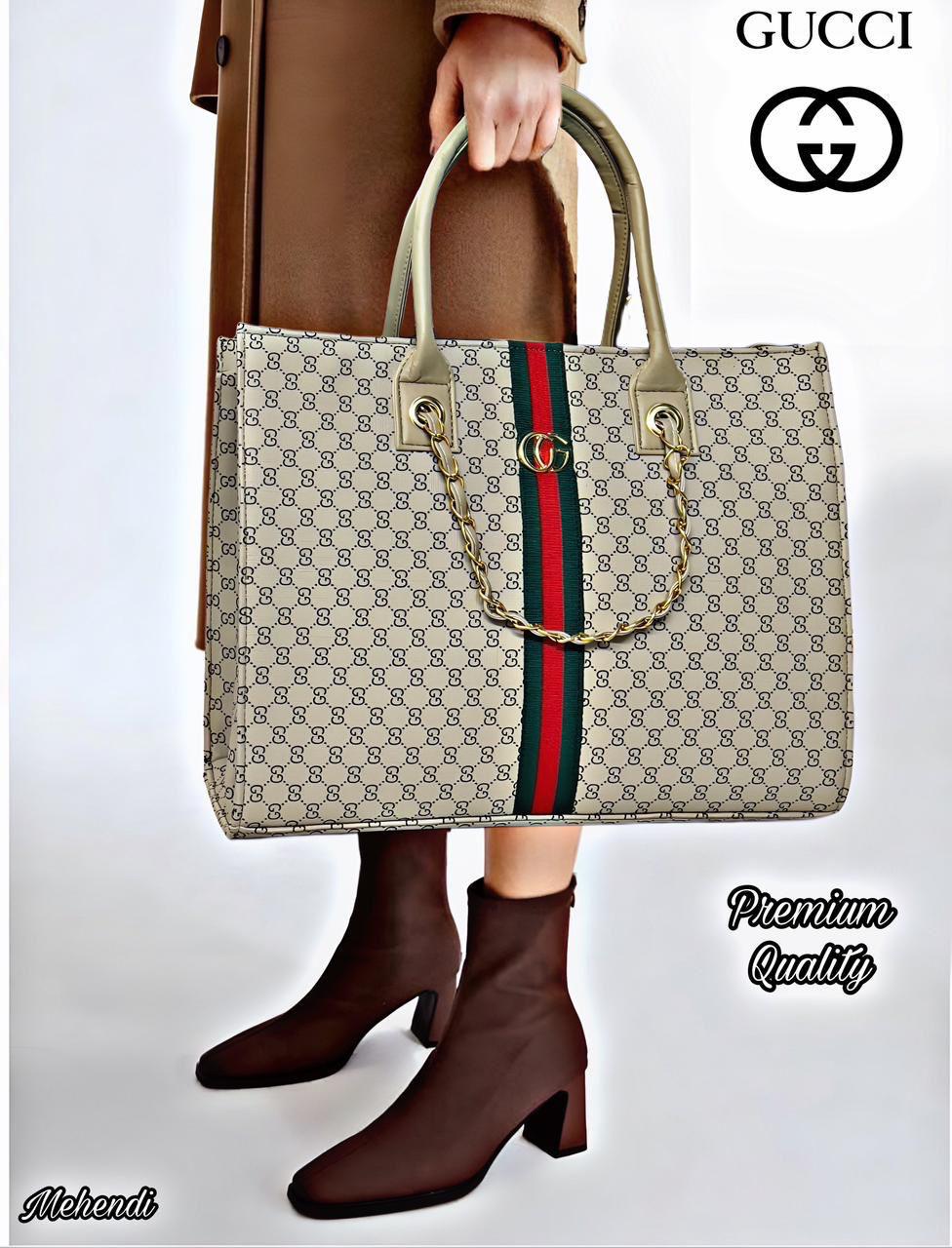 TRENDBUY GUCCI inspired oversized tote bag in earthy Mehendi color, showcasing its design.