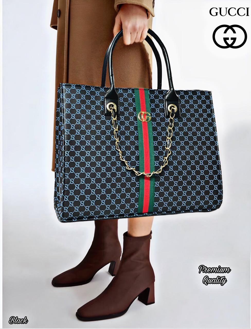 TRENDBUY GUCCI inspired oversized tote bag in classic Black, presented by a model.