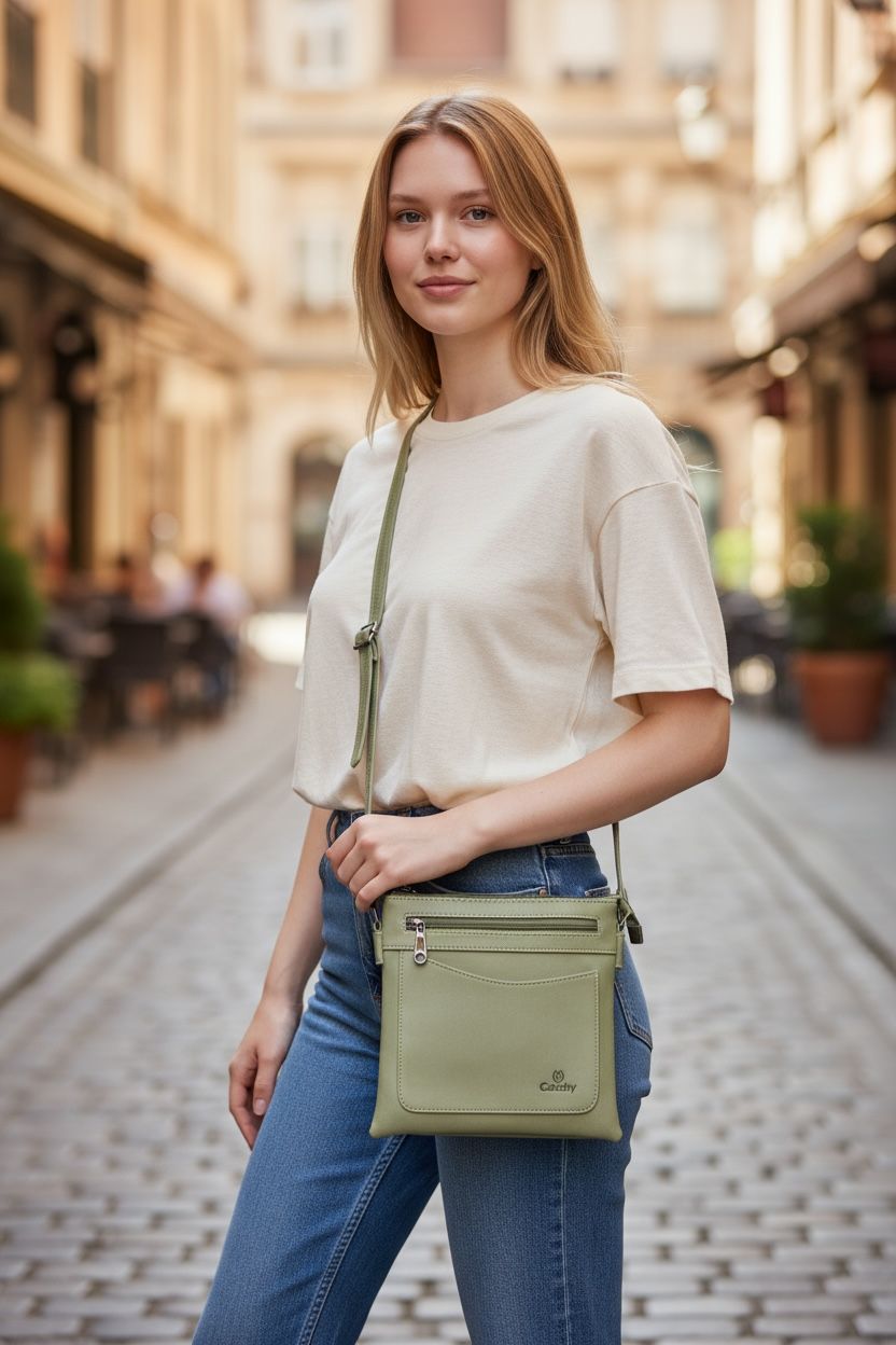 Young woman with blonde hair wearing a sage green Catchy multi-compartment crossbody bag while walking on a cobblestone street.
