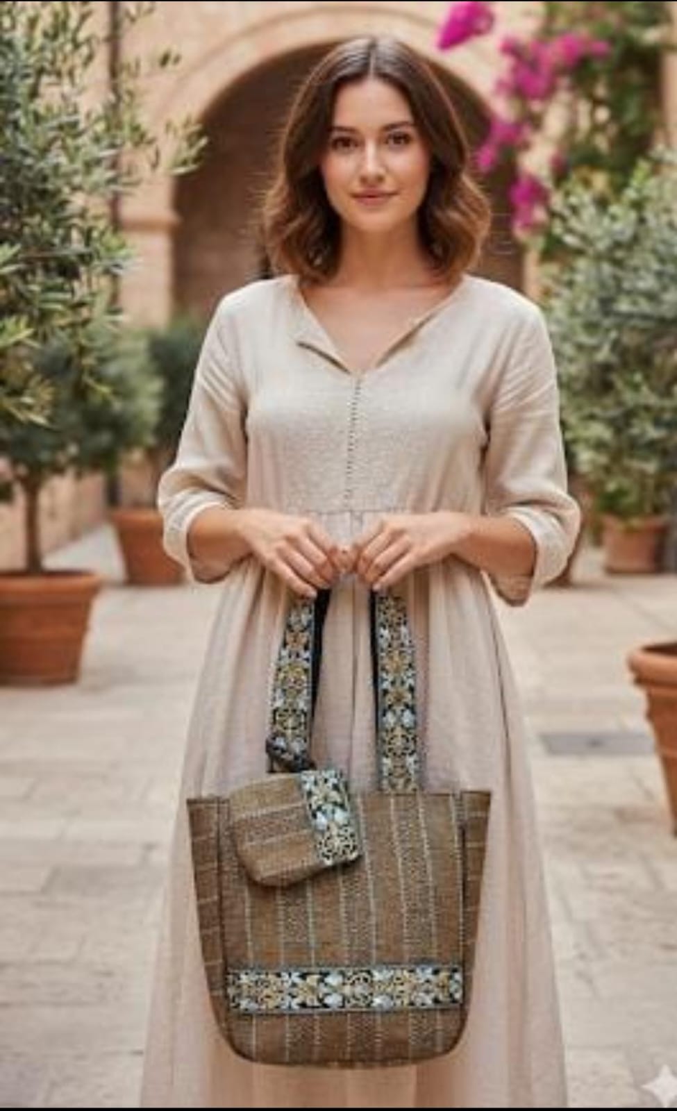 Model holding TRENDBUY Pum Pum Tote Bag in brown woven texture with ornate strap in a Mediterranean-style garden setting.