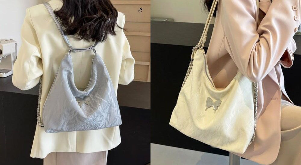 Two women showcasing the versatility of the bag: one wearing it as a light grey backpack, the other carrying an off-white version as a shoulder bag.