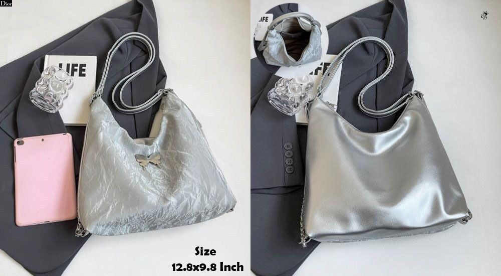 Overhead view of a light grey 2-in-1 bag, showing its spacious interior and detailed texture, with "Size 12.8x9.8 Inch" overlay.