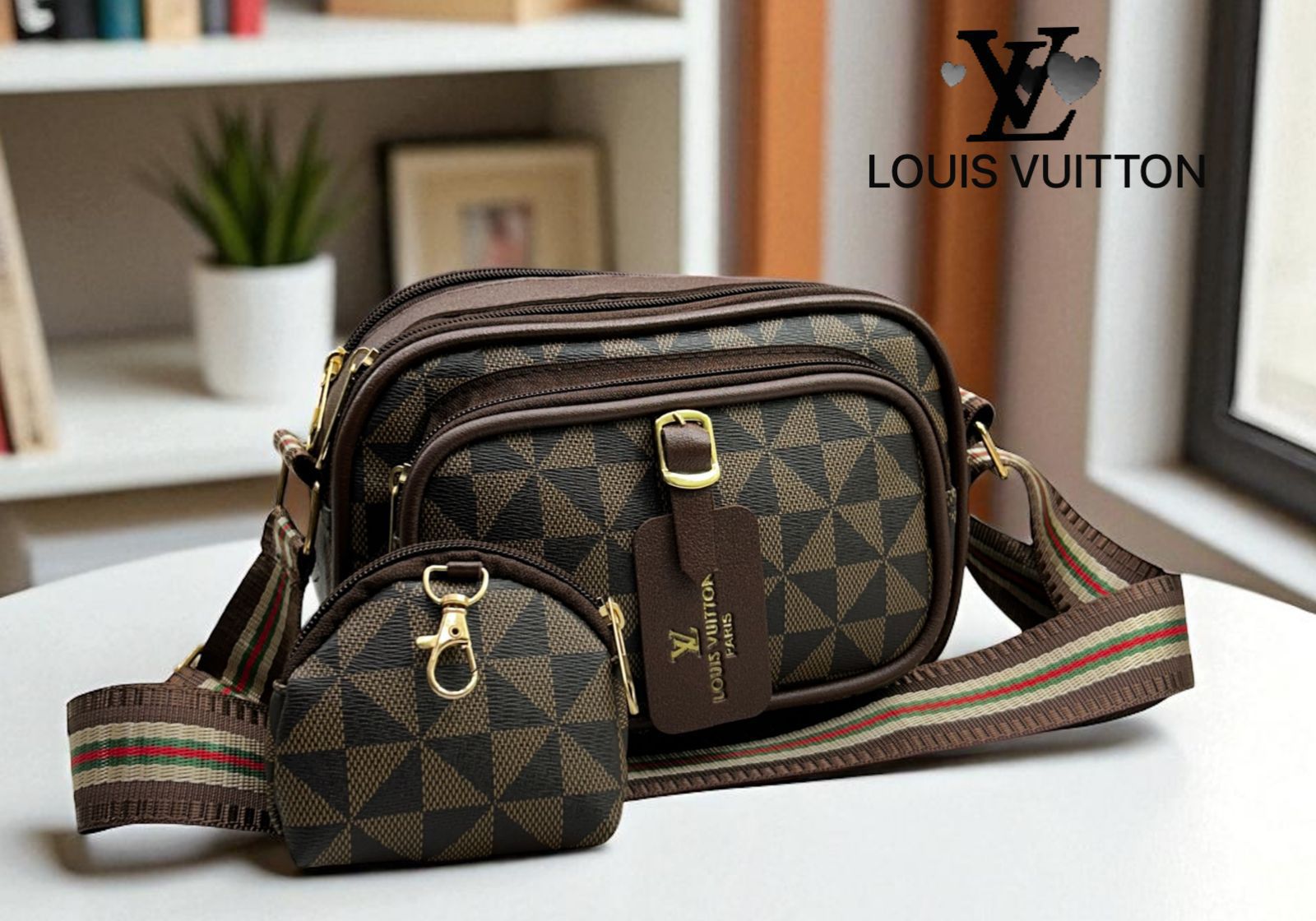 Louis Vuitton style brown geometric pattern sling bag with coin pouch and striped strap on a table.