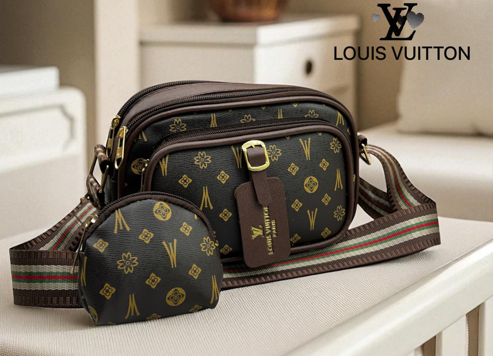 Louis Vuitton style brown floral monogram pattern sling bag with coin pouch and striped strap on a white armchair.