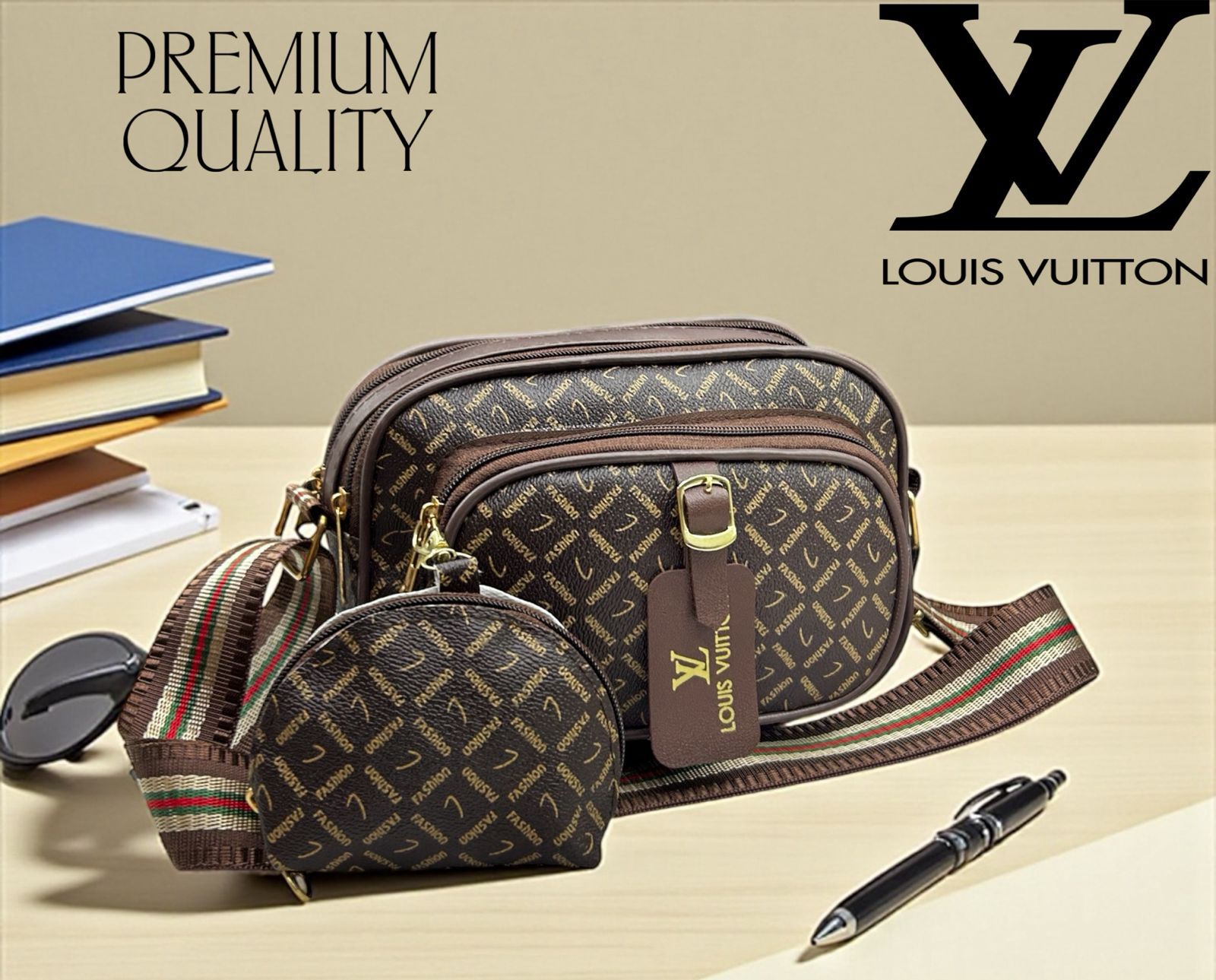 Louis Vuitton style brown 'Fashion' text monogram pattern sling bag with coin pouch and striped strap on a desk with sunglasses and a pen.