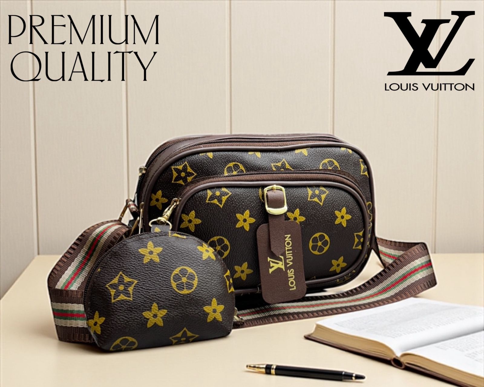 Louis Vuitton style brown classic monogram pattern sling bag with coin pouch and striped strap on a table with a book and pen.