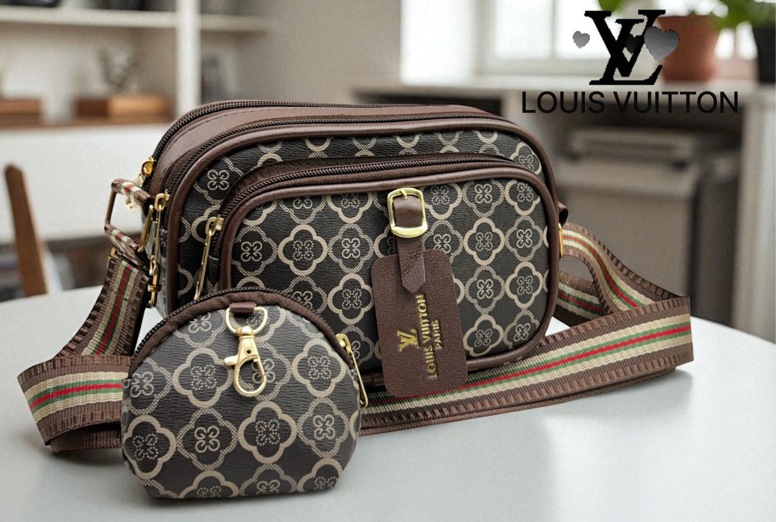 Louis Vuitton style brown abstract clover pattern sling bag with coin pouch and striped strap on a modern table.