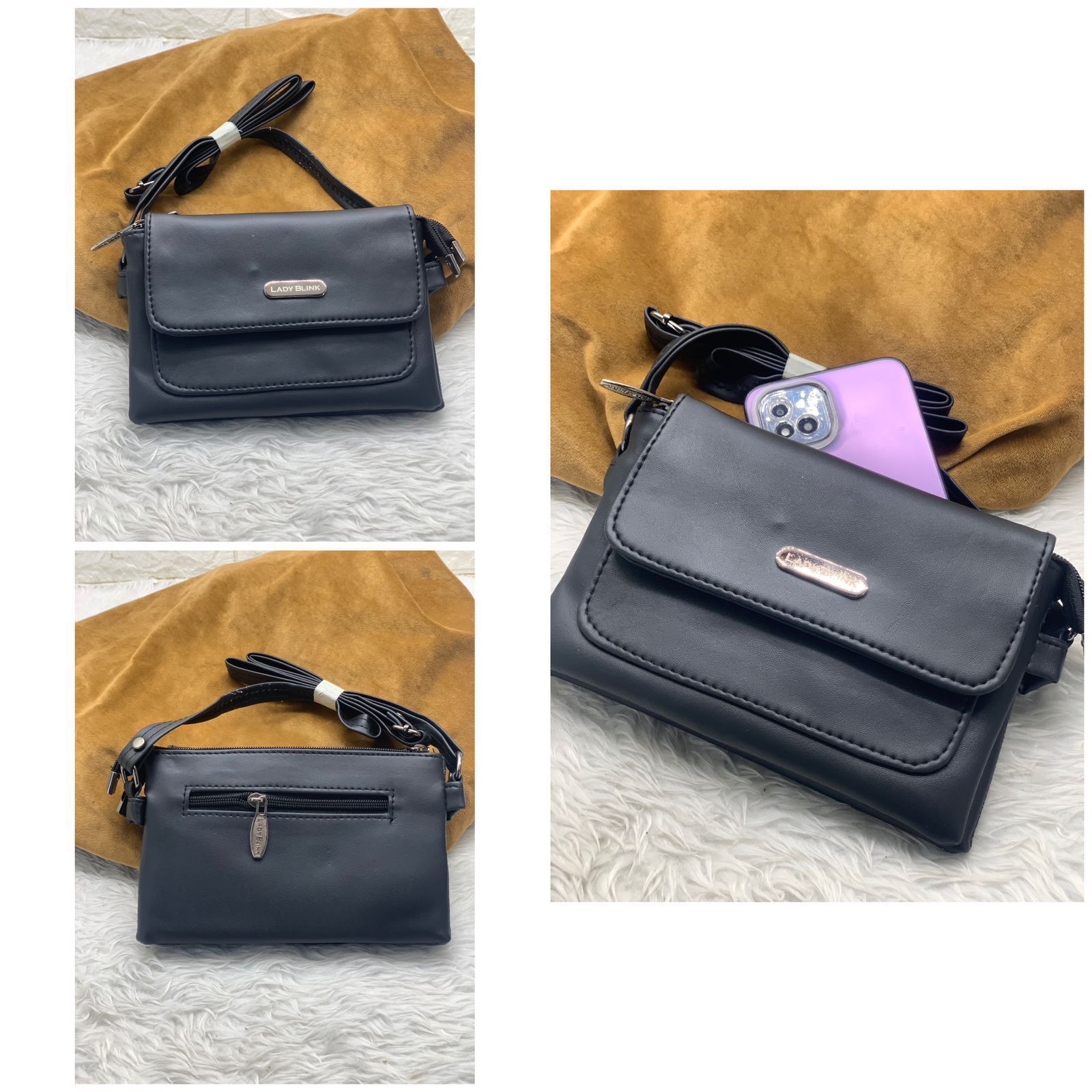 Collage of TRENDBUY black sling bag, including front view, back view with zipper, and interior capacity with phone.