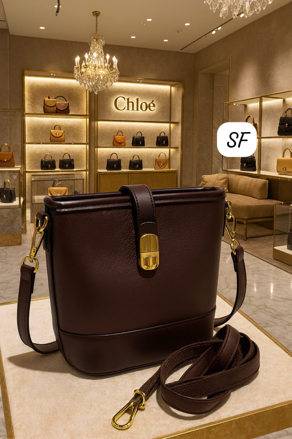 Dark brown premium sling bag with gold buckle in a luxury store setting.
